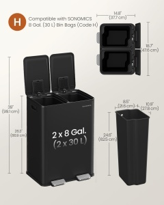 Cos de gunoi reciclare, Pary, Songmics, Negru, 47.6x37.7x66.9 cm - Img 6
