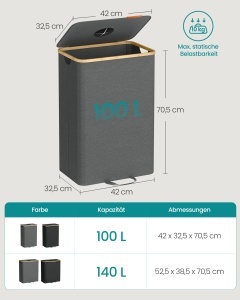 Cos de gunoi reciclare, Roxanne, Songmics, Gri, 42x32.5x70.5 cm - Img 6