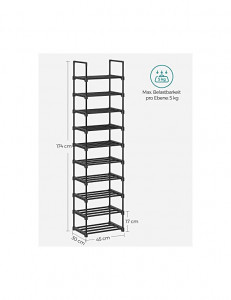 Pantofar cu 10 rafturi, Songmics, 30 x 45 x 174 cm, LSA25BK, Negru - Img 6