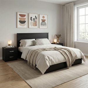 Set 3 buc. dormitor cadru pat si noptiere, Athos, Wenge, 150x206.5x96 cm