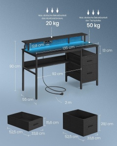 Birou Vasagle Negru, LED, 2 USB-A, 55 x 135 x 90 cm - Img 6