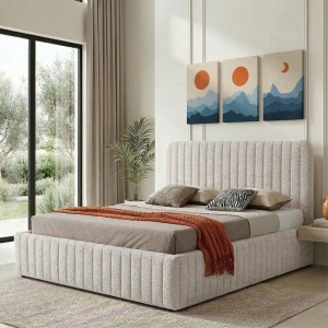 Cadru de pat material boucle cu somiera si depozitare telescopica, Zilin, Bej, 208x172.5x121 cm
