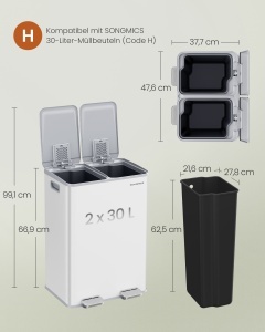 Cos de gunoi reciclare, Pary, Songmics, Alb, 47.6x37.7x66.9 cm - Img 5