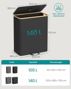 Cos de gunoi reciclare, Roxanne, Songmics, Negru, 52.5x38.5x70.5 cm - Img 6