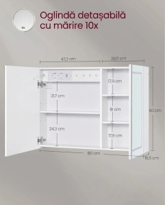 Dulap baie cu oglinda cu LED, Tiago, Alb, 80x60x16.5 cm - Img 7