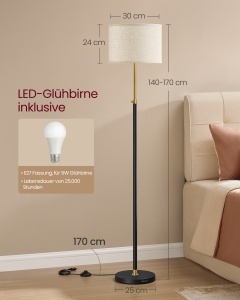 Lampadar LED, Lusia, Vasagle, Negru, 30x30x171 cm - Img 4