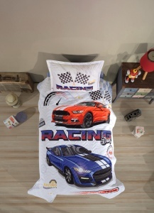 Lenjerie si Cuvertura 1 Persoana, pentru copii, Racing Drag Albastru (Bumbac 100%)