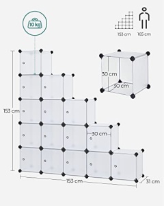 Set 15 cutii de depozitare modulare, Songmics, Alb, 123x31x123 cm - Img 7