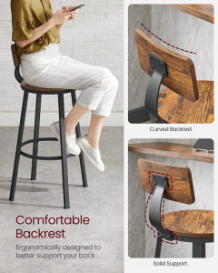 Set 2 Scaune pentru Bar cu spatar, Vasagle, 54 x 54 x 99 cm, Maro Rustic - Img 6