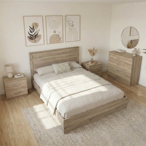 Set 4 buc. dormitor cadru pat si noptiere + comoda, Athos, Stejar, 150x206.5x96 cm
