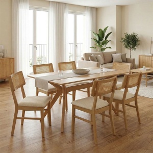 Set 7 bucati masa si scaune dining, Raffles, Natural, 90x150x76 cm