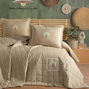 Set cuvertura matlasata Verra cu broderie 3 piese Bej (Bumbac 100%)