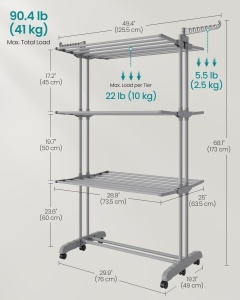 Suport uscator de rufe, Bunji, Songmics, Gri, 125.5x63.5x173 cm - Img 7