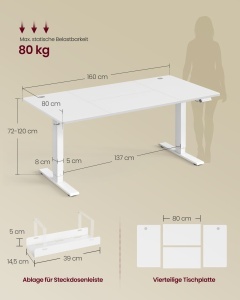 Birou reglabil pe inaltime, Balok, Vasagle, Alb, 160x80x120 cm - Img 6