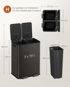 Cos de gunoi reciclare, Pary, Songmics, Gri, 47.6x37.7x66.9 cm - Img 5