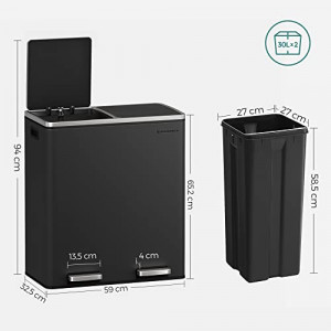 Cos de gunoi, Songmics, Negru, 58.6x32x65 cm - Img 4