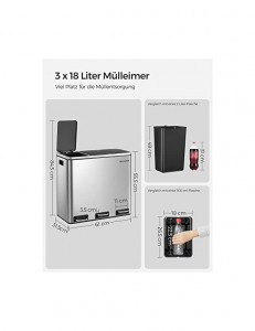 Cos de reciclare, Songmics, 3 compartimente, LTB54NL, 3 x 18 L - Img 7