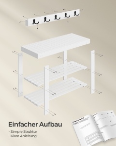 Cuier cu bancuta Songmics Alb 70x28.7x52.3 cm - Img 6