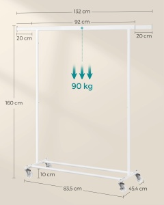Cuier pe roti Songmics Alb 134x45.4x160 cm - Img 5