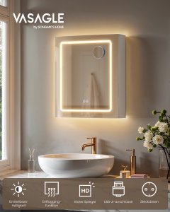 Dulap baie cu oglinda LED Vasagle, Kailyn, Alb perlat, 60x30x161 cm