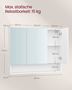 Dulap baie cu oglinda, Tiago, Alb, 90x75x16.5 cm - Img 5