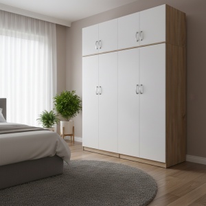 Dulap cu 4 usi, Athos I, V6, Alb-Stejar, 160x42x240 cm