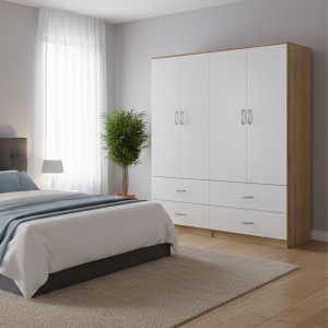 Dulap cu 4 usi, Athos, V14, Alb-Stejar, 160x42x180 cm