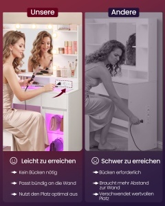 Masa machiaj cu LED, prize si blat de sticla, Kailyn, Alb, 107x40x144.5 cm - Img 5