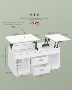 Masuta de cafea extensibila Vasagle Alb 100x50x48.5 cm - Img 3