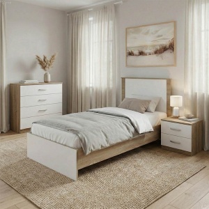 Set 3 buc. dormitor cadru pat si noptiere, Athos, Alb-Stejar, 99x197.5x96 cm