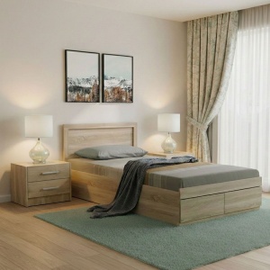 Set 3 buc. dormitor cadru pat si noptiere, Olympus Sonoma, Stejar, 105x205x80 cm