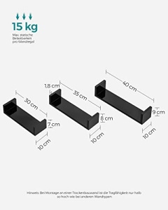 Set 3 etajere de perete, Songmics, Negru, 40x10x9 cm - Img 5