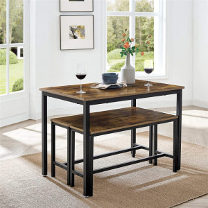 Set masa de dining si 2 banci Vasagle, Maro rustic, 110x70x75 cm - Img 4