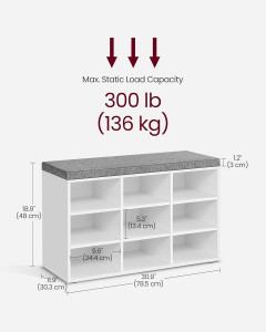 Bancuta hol cufar cu depozitare, Vasagle, Alb-Gri, 78.5x30.3x48 cm - Img 3