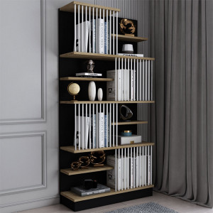 Biblioteca Gassim negru - culoarea nuc - alb 80x26.4x160cm - Img 2