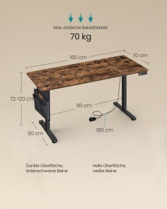 Birou reglabil pe inaltime, Balok, Songmics, Maro, 160x70x120 cm - Img 4