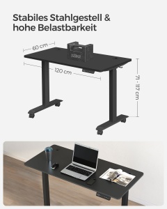 Birou reglabil Songmics Negru 120x60x117 cm - Img 6