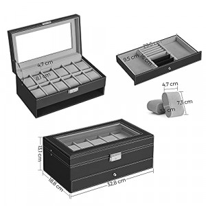 Cutie pentru ceasuri de mana, Songmics, Negru-Gri, 33x19.5x14 cm - Img 6