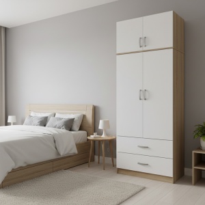 Dulap cu 2 usi, Athos, V17, Alb-Stejar, 80x42x240 cm