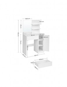 Masa de toaleta cu oglinda si rafturi, Vasagle, 80 x 40 x 132 cm, RDT119W01, Alb - Img 6