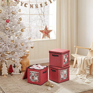 Set 3 cutii depozitare cu fereastra si capac, Songmics, Rosu, 30.5x30.5x30.5 cm