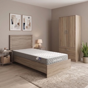 Set 3 piese Cadru de pat cu Saltea Dreamer 90x190cm si Dulap cu 2 usi Athos Sonoma, Stejar, 197.5x99x96 cm