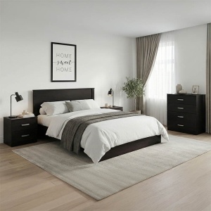 Set 4 buc. dormitor cadru pat si noptiere + comoda, Athos, Wenge, 150x206.5x96 cm
