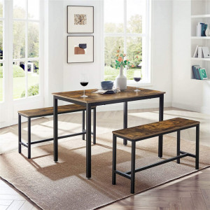 Set masa de dining si 2 banci Vasagle, Maro rustic, 110x70x75 cm - Img 5
