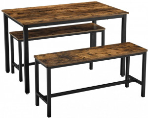 Set masa de dining si 2 banci Vasagle, Maro rustic, 110x70x75 cm