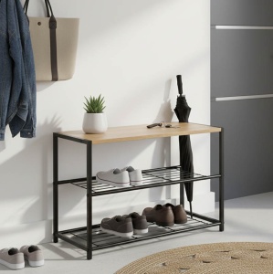 Suport Pantofi Ramon 6 Perechi Culoare Stejar Modern Cu Cadru Metalic Negru 63x30x43 cm