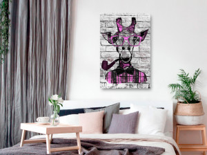 Tablou - Giraffe with Pipe (1 Part) Vertical Pink 80x120 cm - Img 2