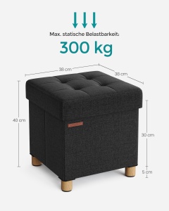 Taburet cu spatiu depozitare otoman Songmics, Melisa, Negru, 38x38x40 cm - Img 4