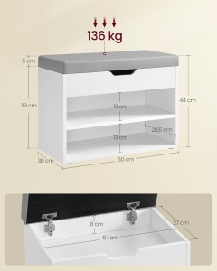 Bancuta cu spatiu depozitare si pantofar Vasagle Alb Gri 60x30x44 cm - Img 3