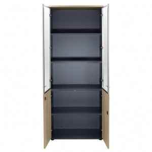 Biblioteca Lotus cu patru usi din sticla si lemn de stejar - culoare gri inchis 80x40x200cm - Img 3